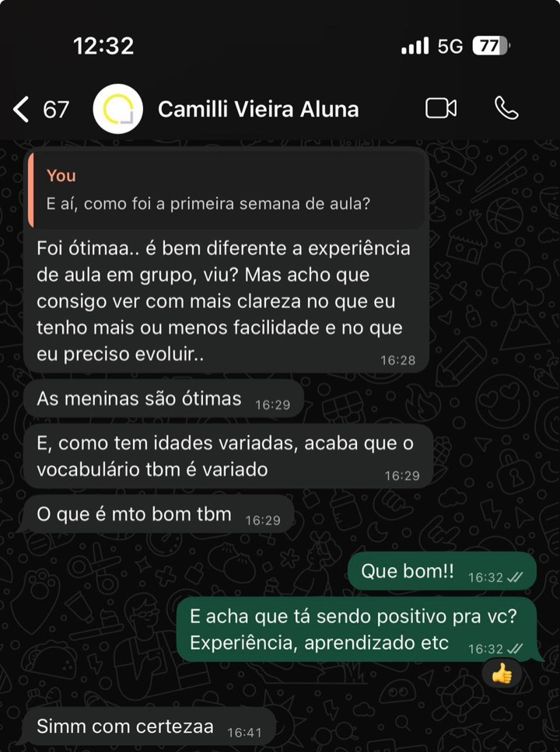 Conversa de WhatsApp com a aluna Camilli sobre a experiência das aulas em grupo
