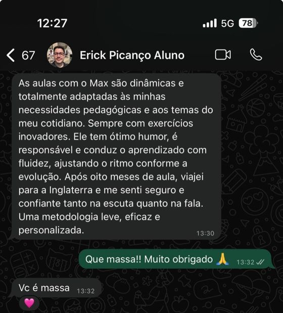 Conversa de WhatsApp com o aluno Erick sobre o aprendizado